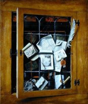 A trompe l'oeil of an open glazed cupboard door, with numerous p