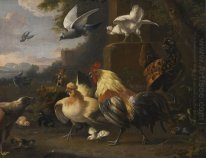 An Eagle, a Cockerell, Hens, a Pigeon in Flight and Other Birds