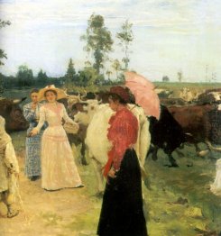 Young Ladys Walk Among Herd Of Cow 1896