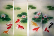 Fish & Lotus (quatro telas) - Pintura Chinesa