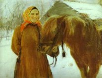 Em uma mulher do camponês da vila com um cavalo 1898
