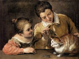 two children teasing a cat 1590