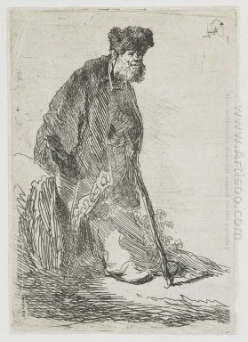 Homme d\'un manteau et bonnet de fourrure appuyé contre une banqu