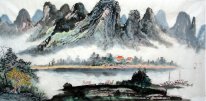 Bergen, Rivier, Boot - Chinees schilderij