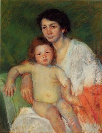 Nude Baby on Mother's Lap Resting Her Arm on the Back of the Cha Nude Baby on Mother's Lap Resting Her Arm on the Back of the Cha