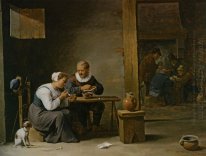 Un homme et une femme fumant une pipe assise dans un intérieur a