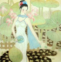 Beautiful lady, Lotus - Chinese Painting