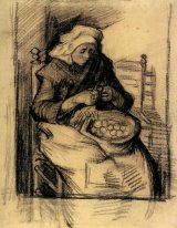 Frau schält Kartoffeln 1885