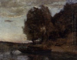 Fisherman Boating Along A Wooded Landscape