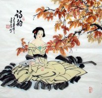 Beautiful lady, flowers - Chinese Painting