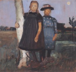 Two girls standing on the birch trunk