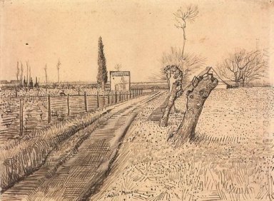 Landschap met pad en afgeknotte bomen 1888