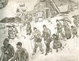 People Walking In Front Of Snow Covered Cottage 2 1890