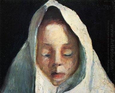 Stilleben, barnets huvud med en vit duk