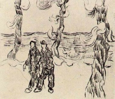 Deux hommes sur une route avec des arbres de pin 1890