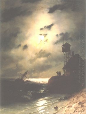 Moonlit Seascape med skeppsbrott 1863