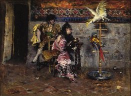 Couple In Spanish Dress With Two Parrots El Matador