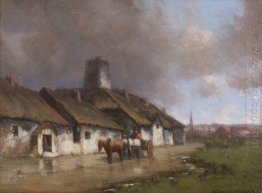 Horse and Cart With Cottage Under Stormy Sky