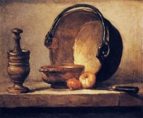 Nature morte avec un pilon, Bowl, chaudron de cuivre, d'oignons