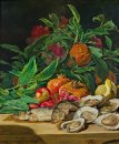 Nature morte avec des autruches, des poissons et fruits exotique