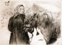 Dans un village paysan femme avec un cheval 1899