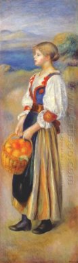 Flicka med en korg av apelsiner