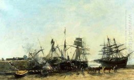 The Port Portrieux At Low Tide Unloading Fish 1873