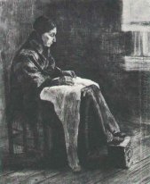 Vrouw met omslagdoek naaien 1883