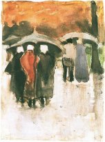 Scheveningen femmes et d'autres gens sous des parapluies 1882