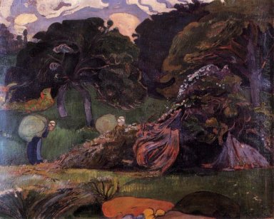 bretagne paysage avec des femmes portant des sac 1889