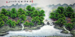 Rive,Bridge,village - Chinese Painting