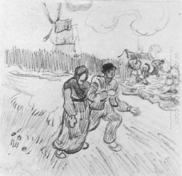 Couple Arm In Arm And Other Figures With A Windmill In The Backg