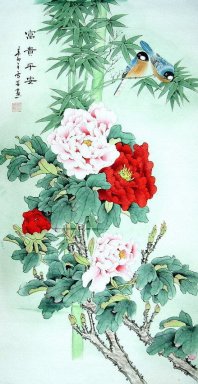 Peony & Bamboo & Birds - Pittura cinese