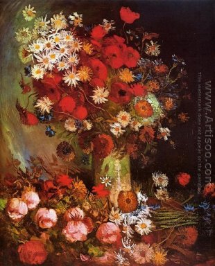 Vase avec des pavots, bleuets, pivoines et chrysanthèmes