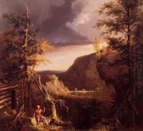 Daniel Boone Duduk Di Pintu Of Cabin Nya Pada The Great Osage