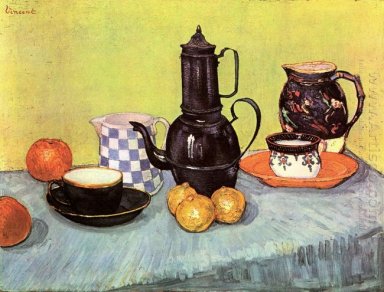 Still Life Dengan Biru Enamel Coffeepot Gerabah Dan Buah 1888