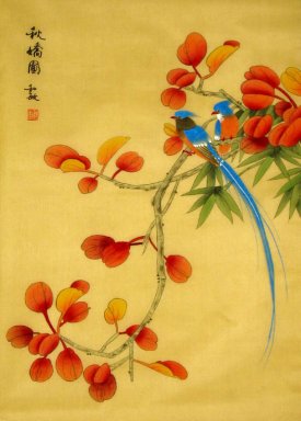 Pájaros y hojas rojas - Pintura china