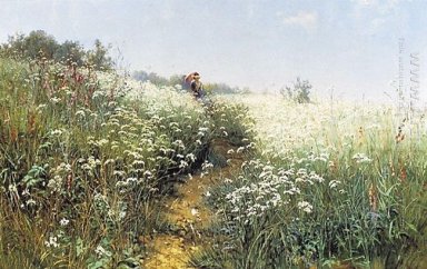 En kvinna under ett paraply på en blommande äng 1881