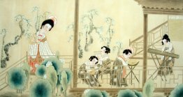 Beautiful lady, Playing music - Chinese Painting