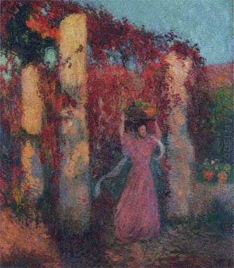 Jeune femme dans la Vigne Vierge Rouge