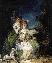 Young Girls and Dog in a Park