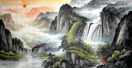 Montagnes, cascade - Peinture chinoise