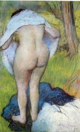 nude woman pulling on her clothes 1885