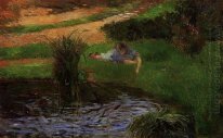 pond with ducks girl amusing herself 1881