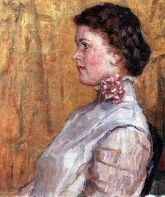 Stående av kvinna med gul bakgrund 1911