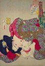 Молодая женщина из Kansei Период Играя с котом