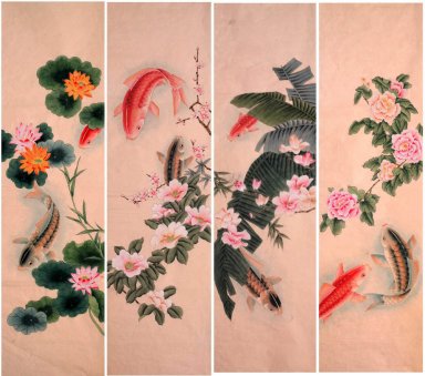 Fisk (fyra skärmar) - kinesisk målning