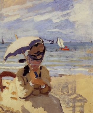 Camille Zittend op het strand van Trouville 1871