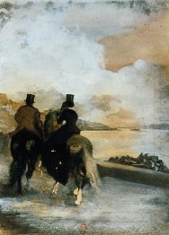 two riders by a lake