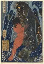 Oniwakamaru And The Giant Carp Fighting Underwater